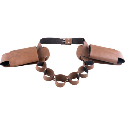Flessen holster met 6 glaasjes, bruine gordel met twee flessenhouders en metalen gesp