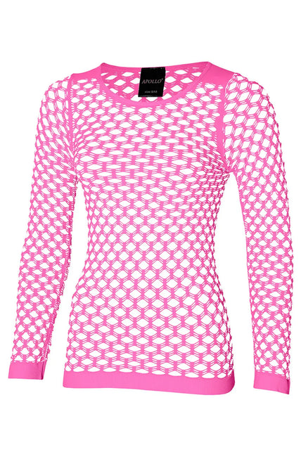 Fluorroze netshirt dames met ronde hals en geribde mouwboorden