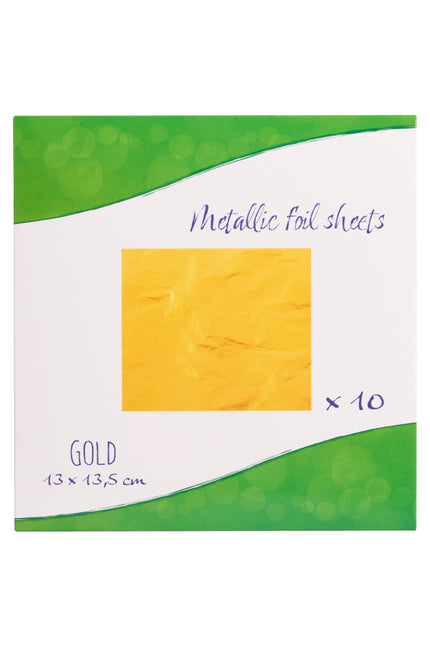 Folie vellen goud in doosje van 10 metallic vellen van 13 x 13,5 cm voor een feestlook