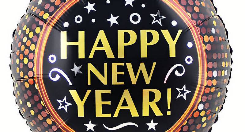 Folieballon Happy New Year in zwart met gouden tekst, witte sterren en oranje stippen voor oudjaarsavond