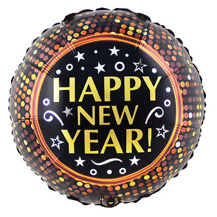 Folieballon Happy New Year in zwart met gouden tekst, witte sterren en oranje stippen voor oudjaarsavond