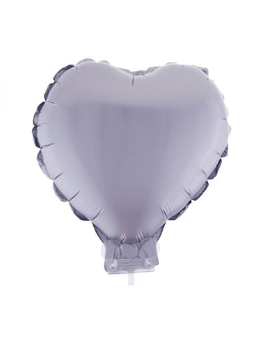 Folieballon hart zilver van 28 x 28 cm met naadribbels en doorzichtig stokje met houder