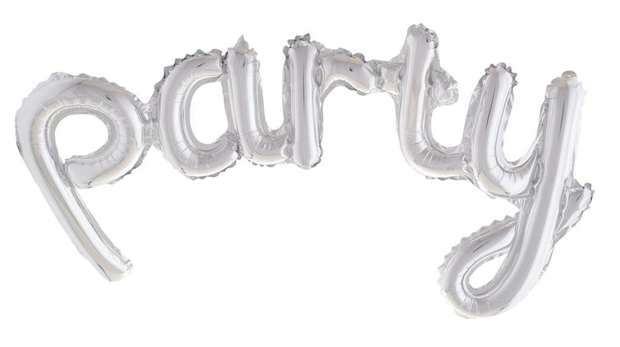 Folieballon party zilver, letterballon met het woord party in schuinschrift van 113 x 46 cm