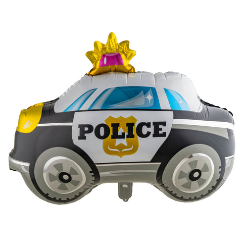 Folieballon politieauto in zwart met wit, met POLICE-opdruk en geel zwaailicht op het dak