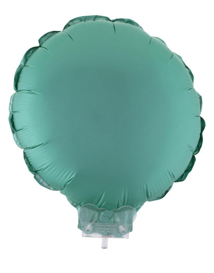 Folieballon rond groen van 28 cm op doorzichtig stokje met houder, effen groen met gelobde rand
