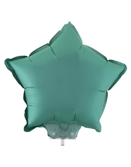 Folieballon ster groen van folie, 28 x 28 cm, op doorzichtig stokje met houder voor feestversiering