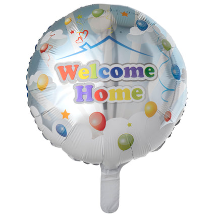 Folieballon Welcome Home van 46 cm met kleurige letters, witte wolken en gekleurde ballonnen