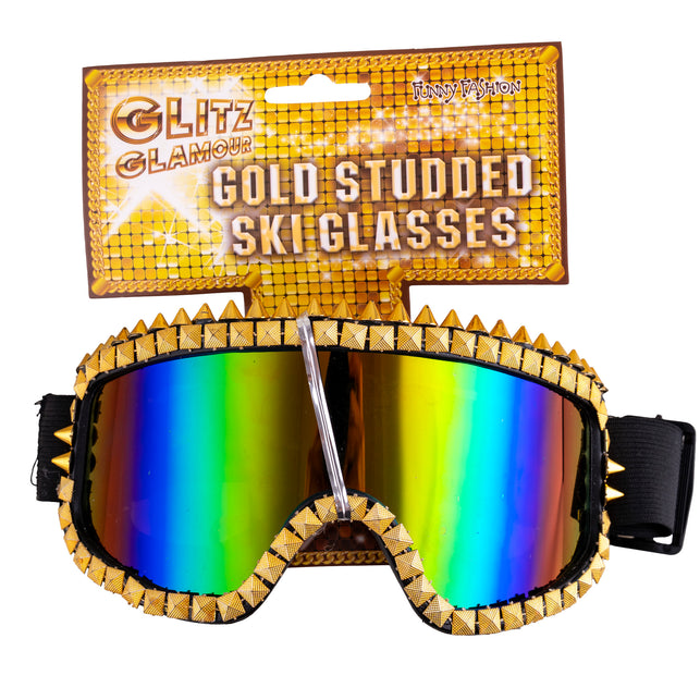 Funny Fashion Ski bril met strass steentjes goud
