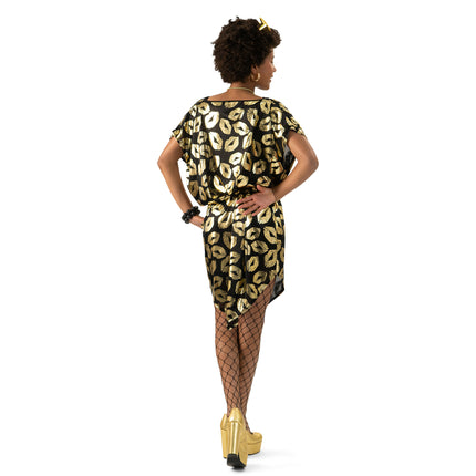 Funny Fashion Zwart jurkje met gouden kus mondjes dames