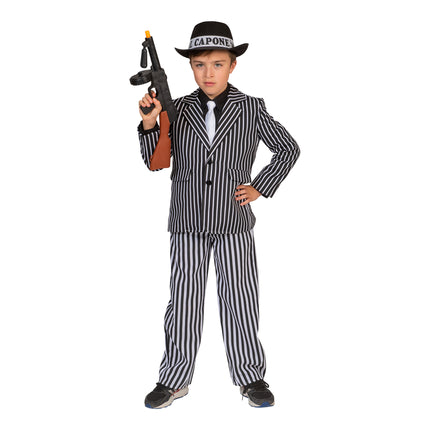 Gangster pak kinderen in zwart-wit krijtstreep, jas en broek, voor een jaren 20-feest
