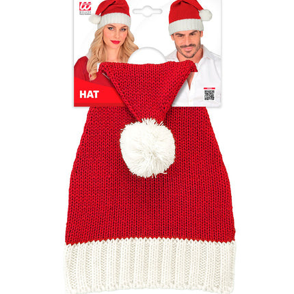 Gebreide kerstmuts rood wit in verpakking met afbeelding van dame en heer