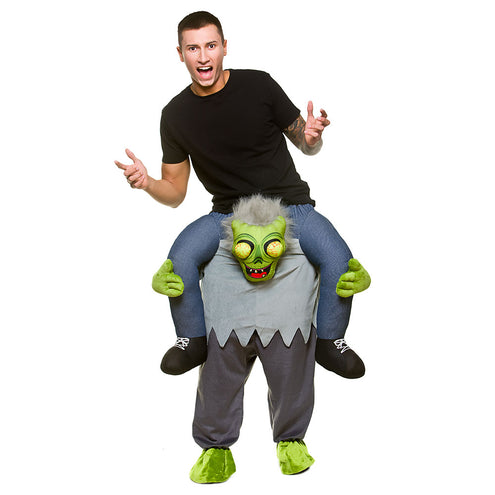Gedragen door zombie instapkostuum met groene zombiekop, grijze bovenkant en nepbenen voor Halloween