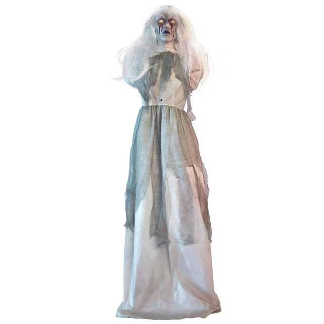 Geest met liftend hoofd animatronic met lange witte haren en gerafelde grauwwitte jurk voor Halloween