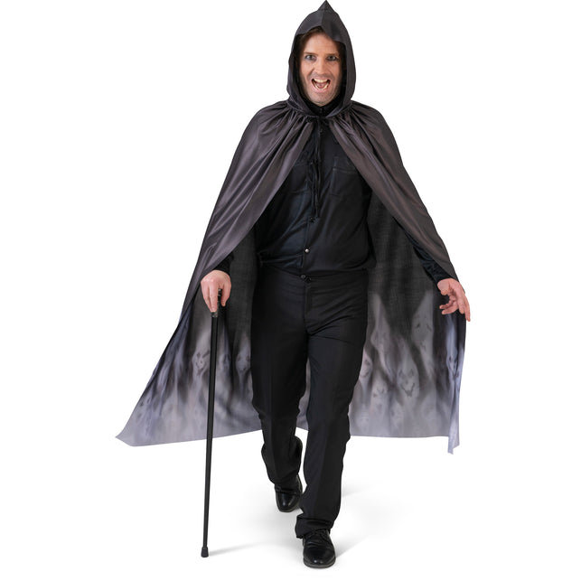 Geesten cape volwassenen in zwart met puntkap en witte spookprint langs de zoom, voor Halloween