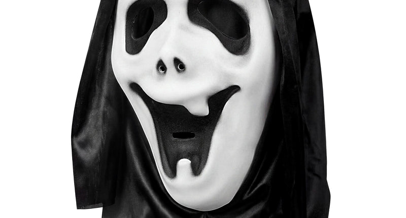 Geestmasker met kap, wit spookgezicht met zwarte kap en open mond, voor Halloween