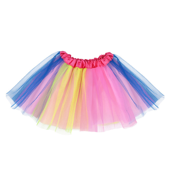 Gelaagd rokje in roze, geel en blauw met felroze tailleband uit de eenhoorn verkleedset Starlight