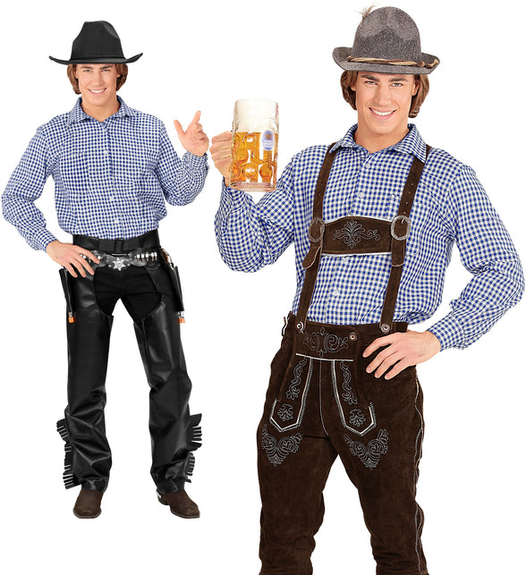 Geruit shirt Gustav blauw-wit, gedragen bij een lederhosen en bij een cowboyoutfit