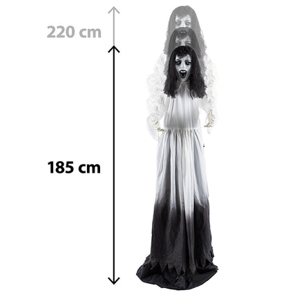 Ghost widow pop-up decoratie die vanaf 185 cm omhoogkomt, met lang zwart haar en open mond