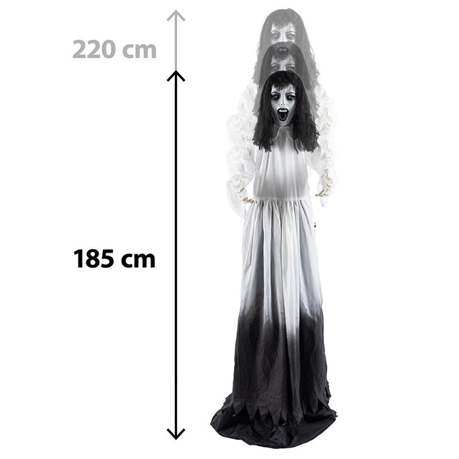 Ghost widow pop-up decoratie die vanaf 185 cm omhoogkomt, met lang zwart haar en open mond