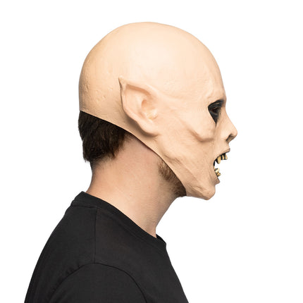 Ghoul hoofdmasker van opzij met spitse oor en kale schedel, afgesloten boven de nek
