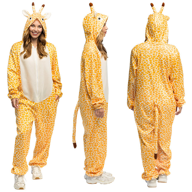 Giraffe jumpsuit van voren, opzij en achteren met lange staart en bruin pluimpje