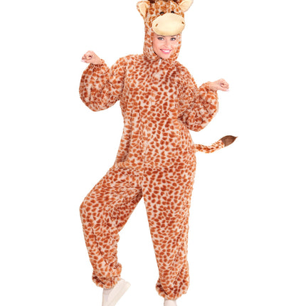 Giraffe onesie Gary op dame, vlekkenpatroon met crèmekleurige snuit en bruine hoorntjes