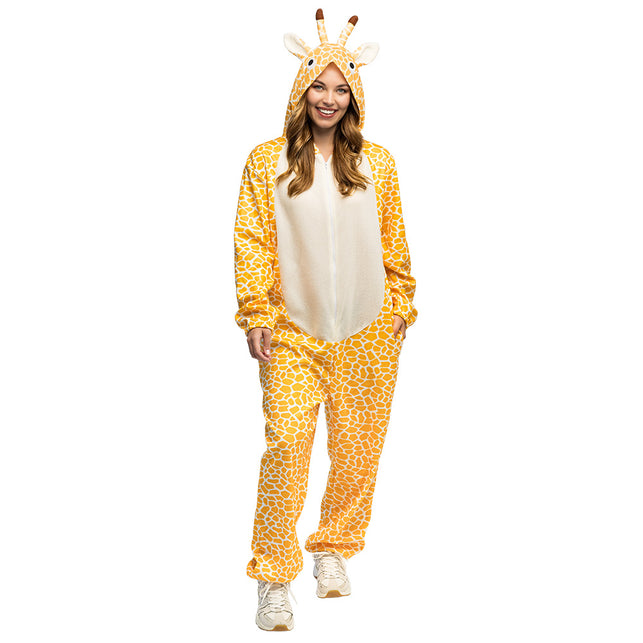 Giraffepak voor dames in geel en crème met hoorntjes op de capuchon, voor een safarifeest