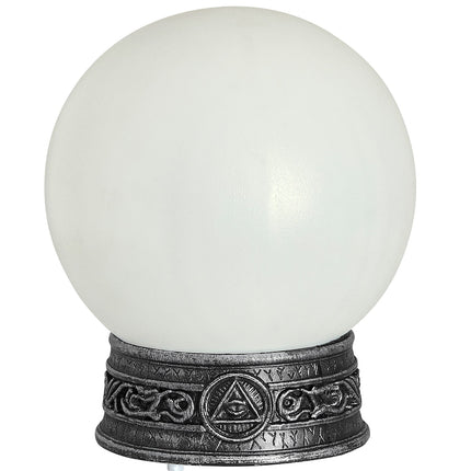 Glazen bol met licht en caleidoscoop uitgeschakeld, matte witte bol op voet met oog in driehoek