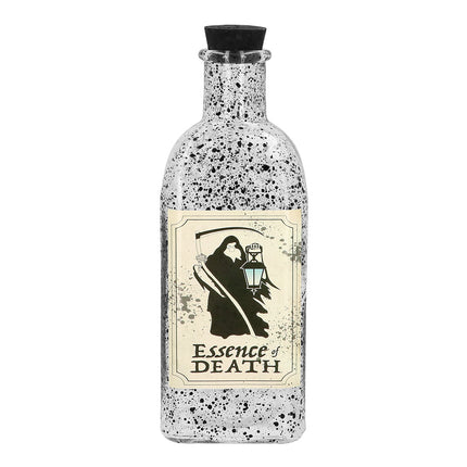 Glazen flesje Essence of death XL met zwart gespikkeld glas en etiket met magere Hein, decoratie voor Halloween