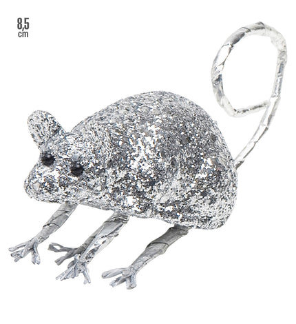 Glitter muis zilver met zwarte kraaloogjes, gespreide pootjes en omhoog gekrulde staart als feestdecoratie
