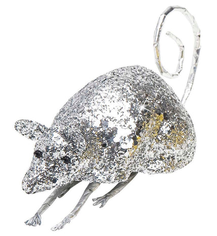 Glitter muis zilver met zwarte oogjes, dunne pootjes en een hoog opgekrulde staart als tafeldecoratie