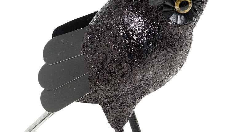 Glitter uil zwart van 18,5 cm met goudgele ogen, gelaagde vleugels en klauwpootjes als Halloweendecoratie