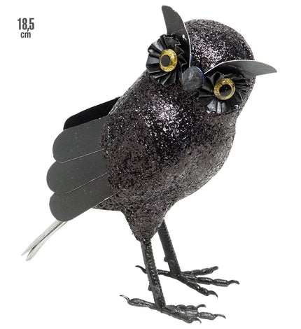 Glitter uil zwart van 18,5 cm met goudgele ogen, gelaagde vleugels en klauwpootjes als Halloweendecoratie