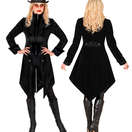 Gothic jas dame Vera van voor en achter, met taillegespband op de rug en vampierschmink