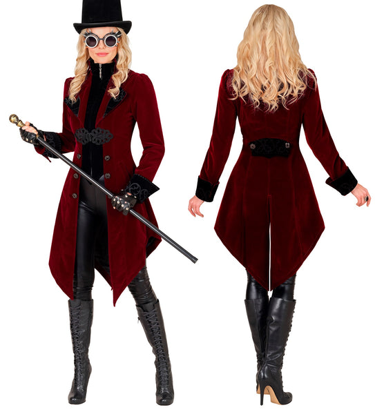 Gothic jas dames met zwarte omslagmanchetten en ornamentprint, gedragen met hoge hoed