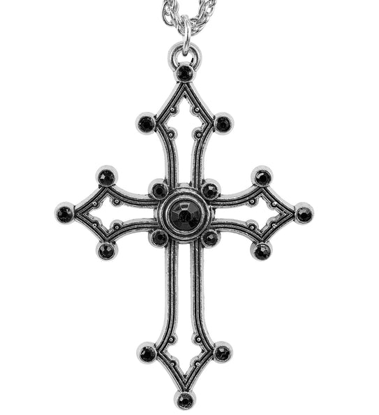 Gothic kruis ketting met zilverkleurige hanger en zwarte facetsteentjes, vooraanzicht