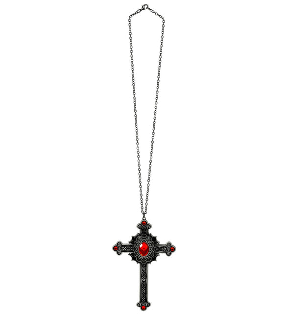 Gothic kruishanger aan lange donkere schakelketting, hele ketting zichtbaar
