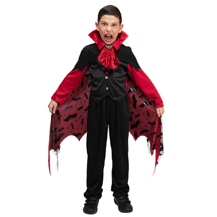 Gotisch vampieren pak kinderen in zwart met rood, cape met vleermuisprint en puntige zoom voor Halloween