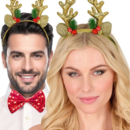 Gouden glittergewei haarband gedragen door dame en heer tijdens kerstfeest