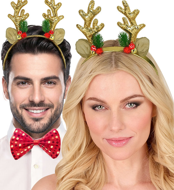 Gouden glittergewei haarband gedragen door dame en heer tijdens kerstfeest