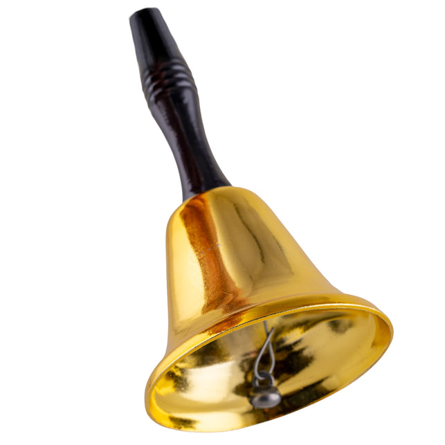 Gouden kerstmanbel schuin van onder, met de metalen klepel aan een oogje in de klankschaal