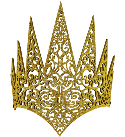 Gouden kroon met opengewerkt krullenmotief en negen glitterpunten, vooraanzicht