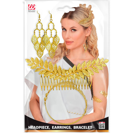 Gouden lauwerkrans sieradenset in verpakking met haarkam, oorbellen en armband voor dames