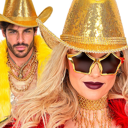 Gouden pailletten cowboyhoed gedragen door dame en heer op een discofeest