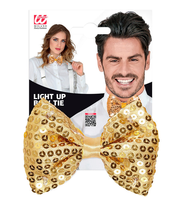Gouden pailletten vlinderdas met ledlicht in verpakking, gedragen door man en vrouw