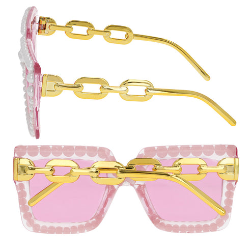 Gouden pootjes in de vorm van een schakelketting van de partybril Bella roze