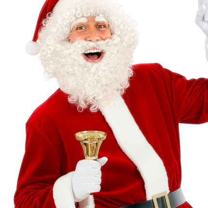 Goudkleurige handbel vastgehouden met witte handschoen bij een rood kerstmanpak