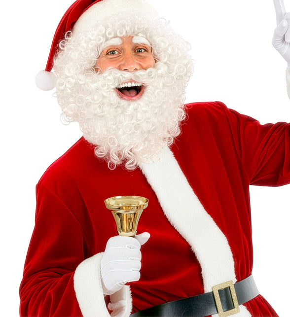 Goudkleurige handbel vastgehouden met witte handschoen bij een rood kerstmanpak