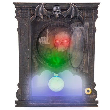 Griezelige klok animatronic in beweging met kleurenlicht, sfeerbeeld voor Halloween