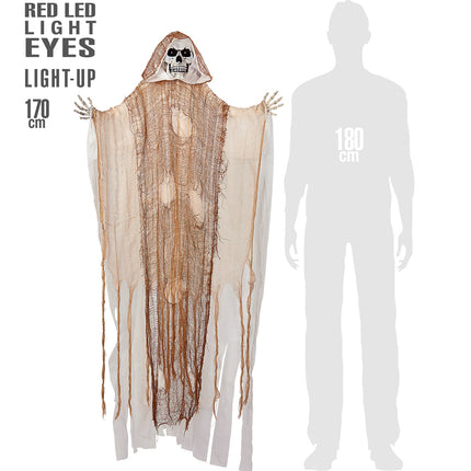 Grim reaper met licht van 170 cm naast een silhouet van 180 cm, met uitgestrekte skelethanden